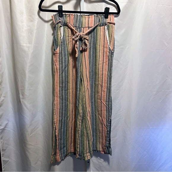 Indigo Rein Womens Linen Wide Leg Pants S Colorful Rainbow Stripe Slit Hem Beach - Picture 1 of 10